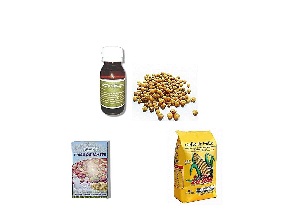 Pack Grossissant - Gofio 1 kg, Prise de Masse 300 Gr, Huile de Fenugrec 60 ml et 50 gr Graines d'Akpi