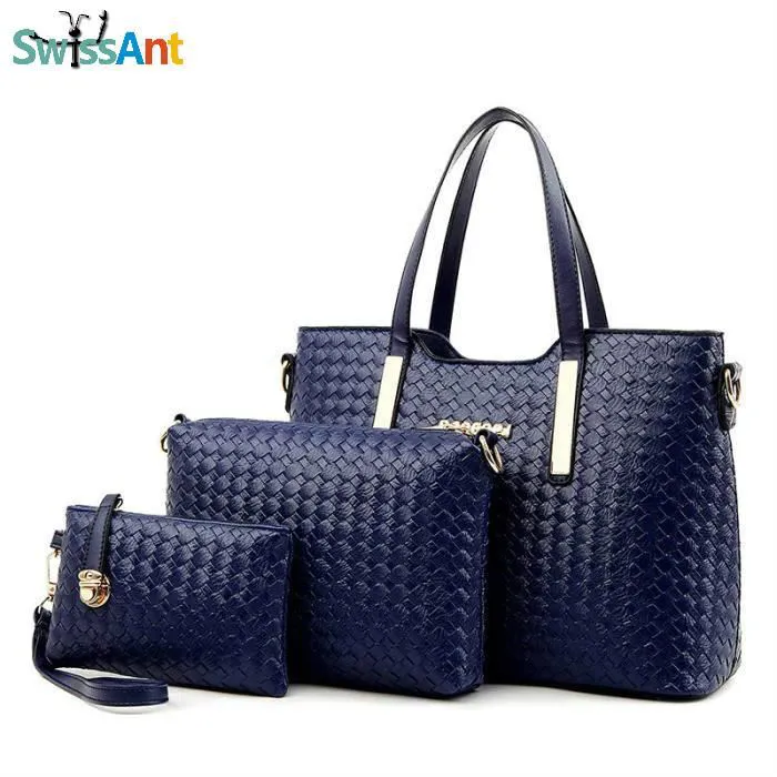 SWISSANT® Set de Sacs Femme Sac à Main+Sac à Bandoulière+Portefeuille en PU Cuir Tressé Bleu Grande Capacité Pochette Sac élégant