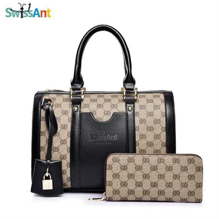 SWISSANT® Set de Sacs Femme Sac à Main+Portefeuille en Cuir Noir Sac à Bandoulière Imprimé Elégant