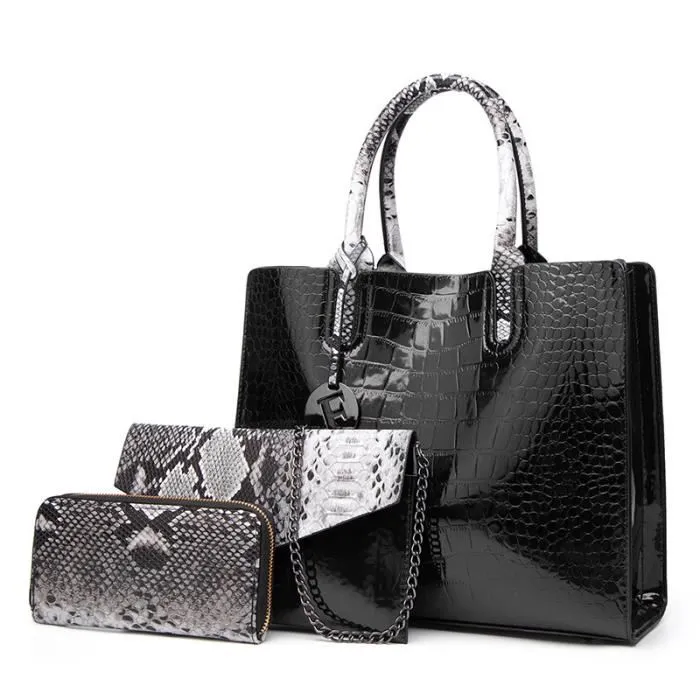 DAMILY® 3pcs Sac à main femme Sac à bandoulière motif peau de serpent en cuir verni-Noir