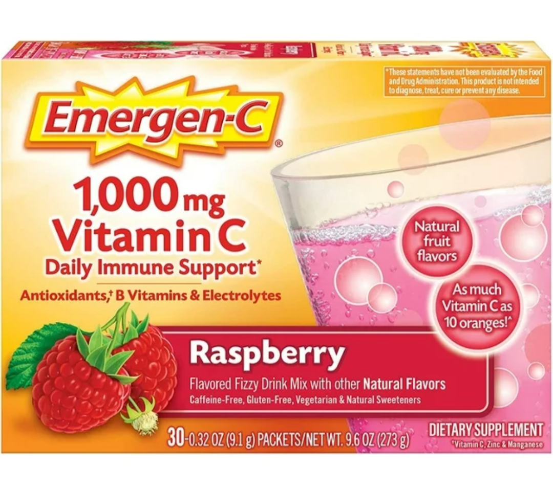 Emergen-C saveur framboise, 30 sachets de (9,1 g) pour un soutien immunitaire quotidien.