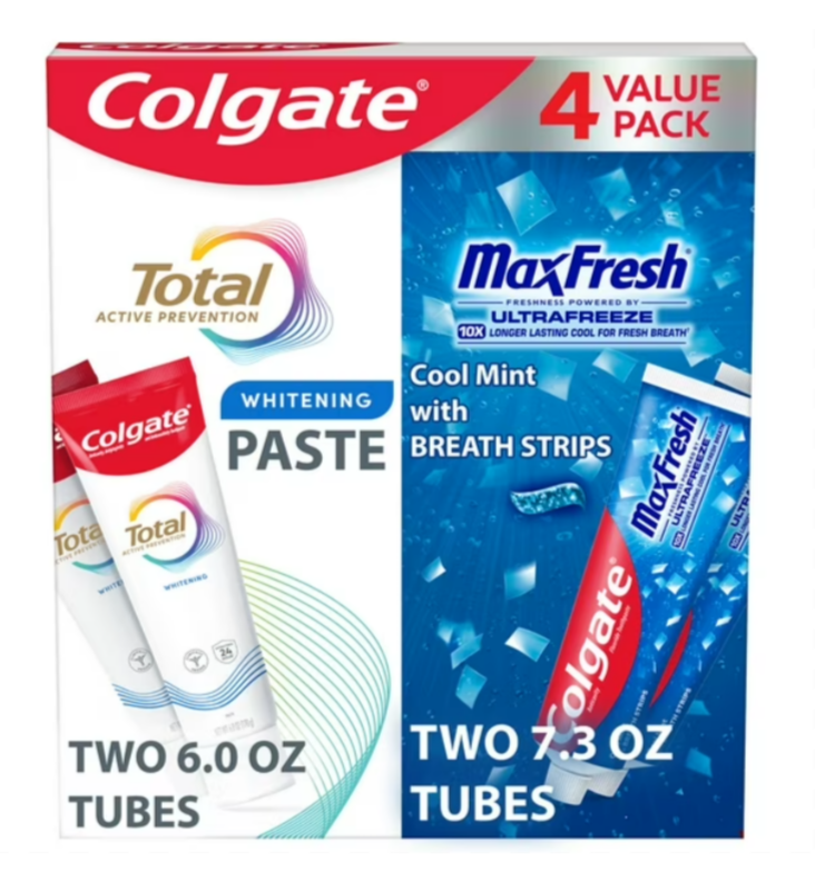 Paquet de 04 dentifrices blanchissants Colgate Total Whitening et MaxFresh.