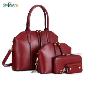 SWISSANT® Set de Sacs Femme - Sac à Main + Sac à Bandoulière + Portefeuille + Porte Clefs - Bordeaux Elégant Coquille Sac en PU Cuir