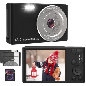 Appareil Photo Numérique 4K HD Rechargeable 48MP avec Zoom Numérique 16x Compact 2,7 Pouces avec Carte SD 32 Go et 2 Piles (noir)