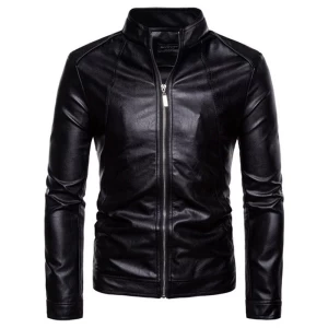 Veste en Faux cuir pour homme, coupe Slim, col montant