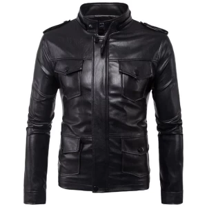 DQIYU - Blouson d'automne multi-poches en cuir PU noir pour homme,