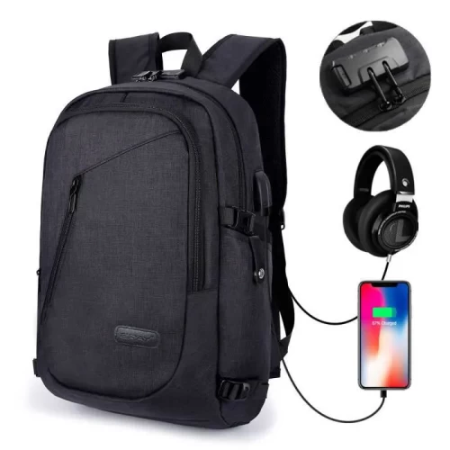 Antivol Sac à Dos Ordinateur Portable 15.6 Pouces Imperméable avec USB Charging Sac à Dos PC d'affaires pour Loisirs/Scolaire -Noir