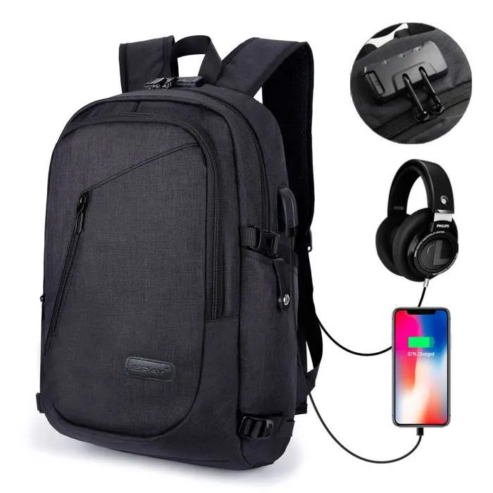 Antivol Sac à Dos Ordinateur Portable 15.6 Pouces Imperméable avec USB Charging Sac à Dos PC d'affaires pour Loisirs/Scolaire -Noir