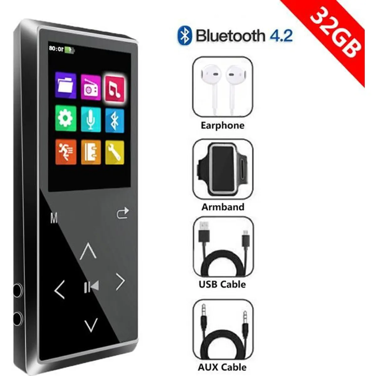 SUNNZO Lecteur de Musique MP3 Bluetooth 4.2 Baladeur MP4 Lecteur Métal Player 32 Go FM/HIFI